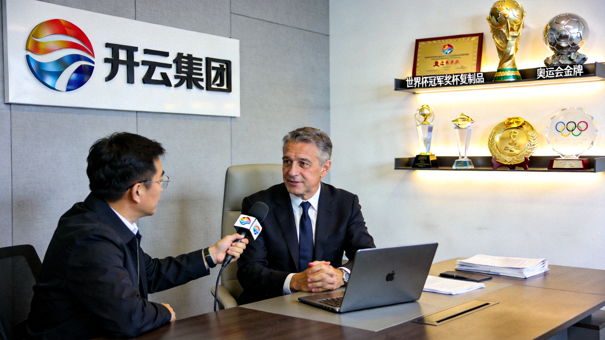 开云集团CEO专访现场肖像 - CEO正在办公室接受媒体采访，背景是集团标志和体育相关奖项