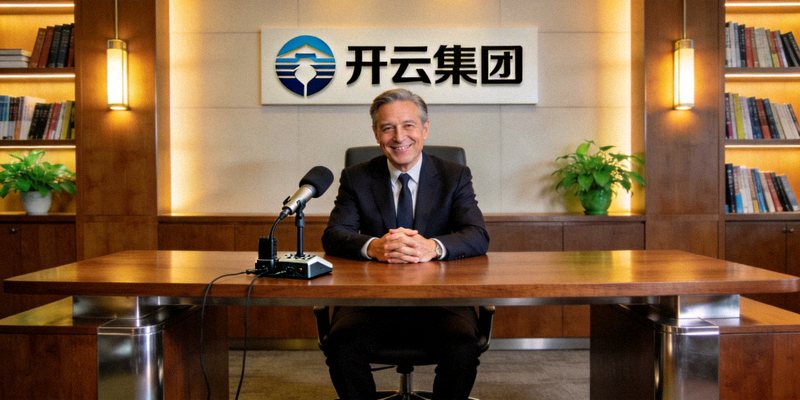 开云集团CEO专访现场肖像 - CEO在办公室接受媒体采访，背景为集团标志