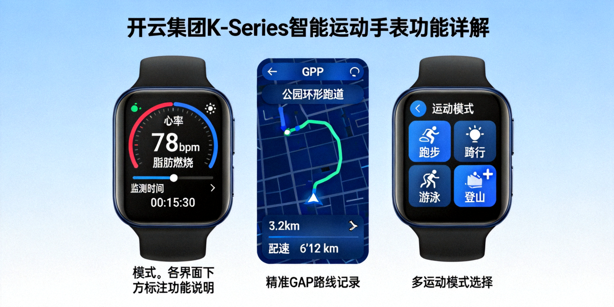 开云集团K-Series智能运动手表功能详解图 - 展示心率监测、GPS轨迹、运动模式等界面