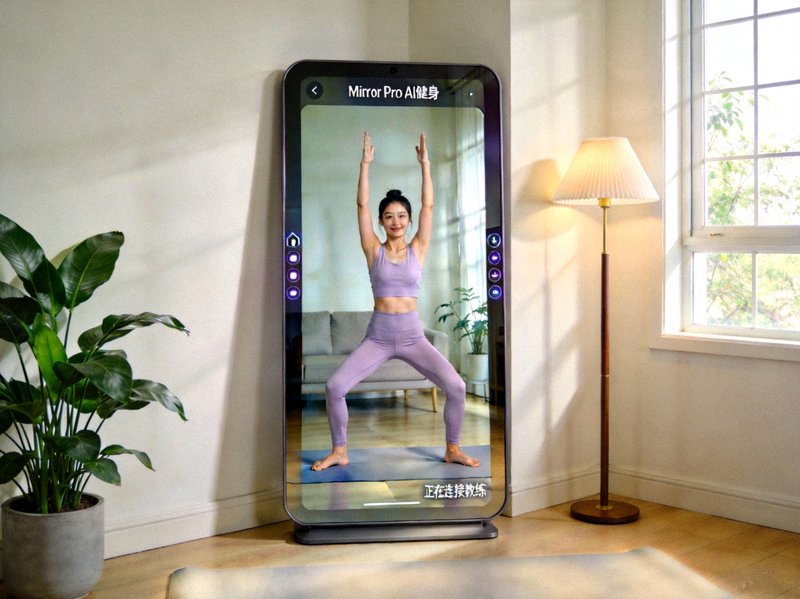 开云集团Mirror Pro AI健身镜使用场景图 - 用户正在镜前跟随AI教练进行瑜伽训练