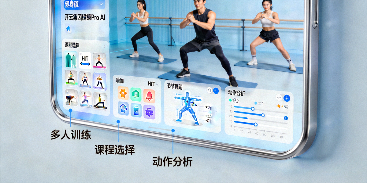 开云集团Mirror Pro AI健身镜功能场景图 - 展示多人训练、课程选择、动作分析等界面